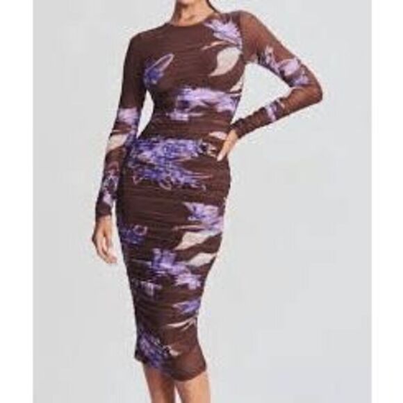 Rococo Sand Brown Purple Shay Long Sleeve Ruched Mesh Floral Midi Dress Large - Picture 1 of 14